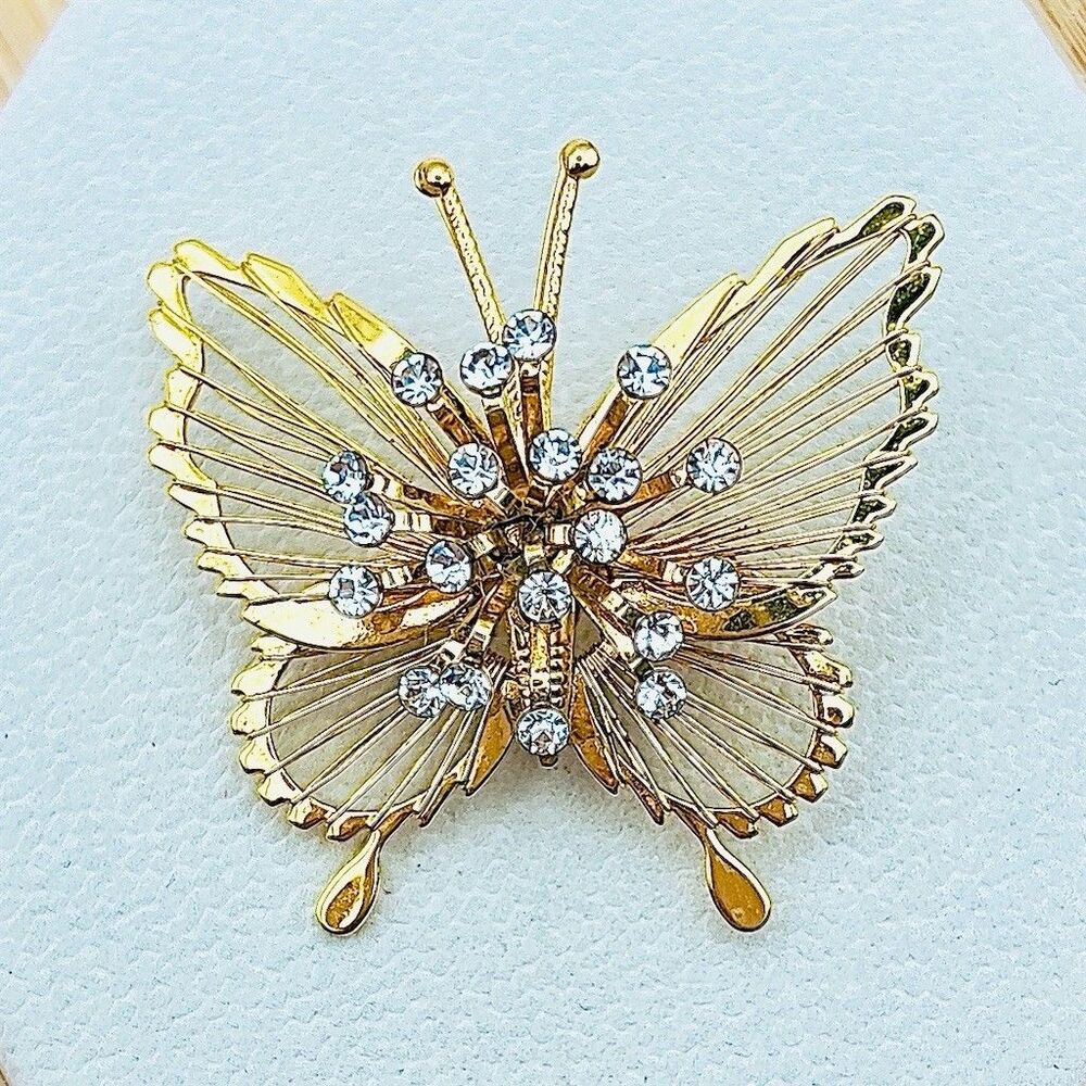Vintage Butterfly Brooch Pin Gold Tone Clear Rhinestone Cluster Filigree Gift